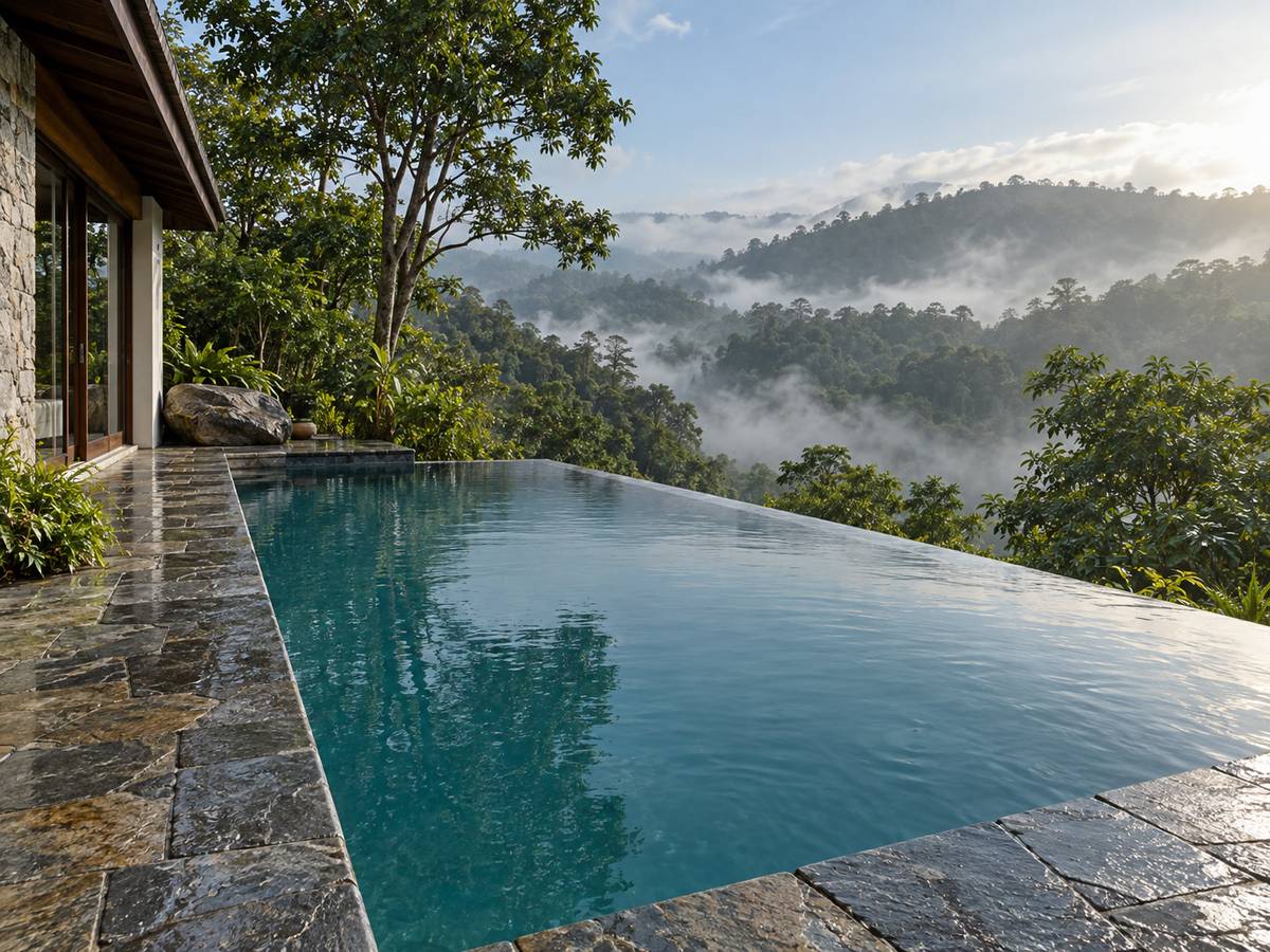 Outdoor pool on a hillside terrace, morning mist over wet-zone forest