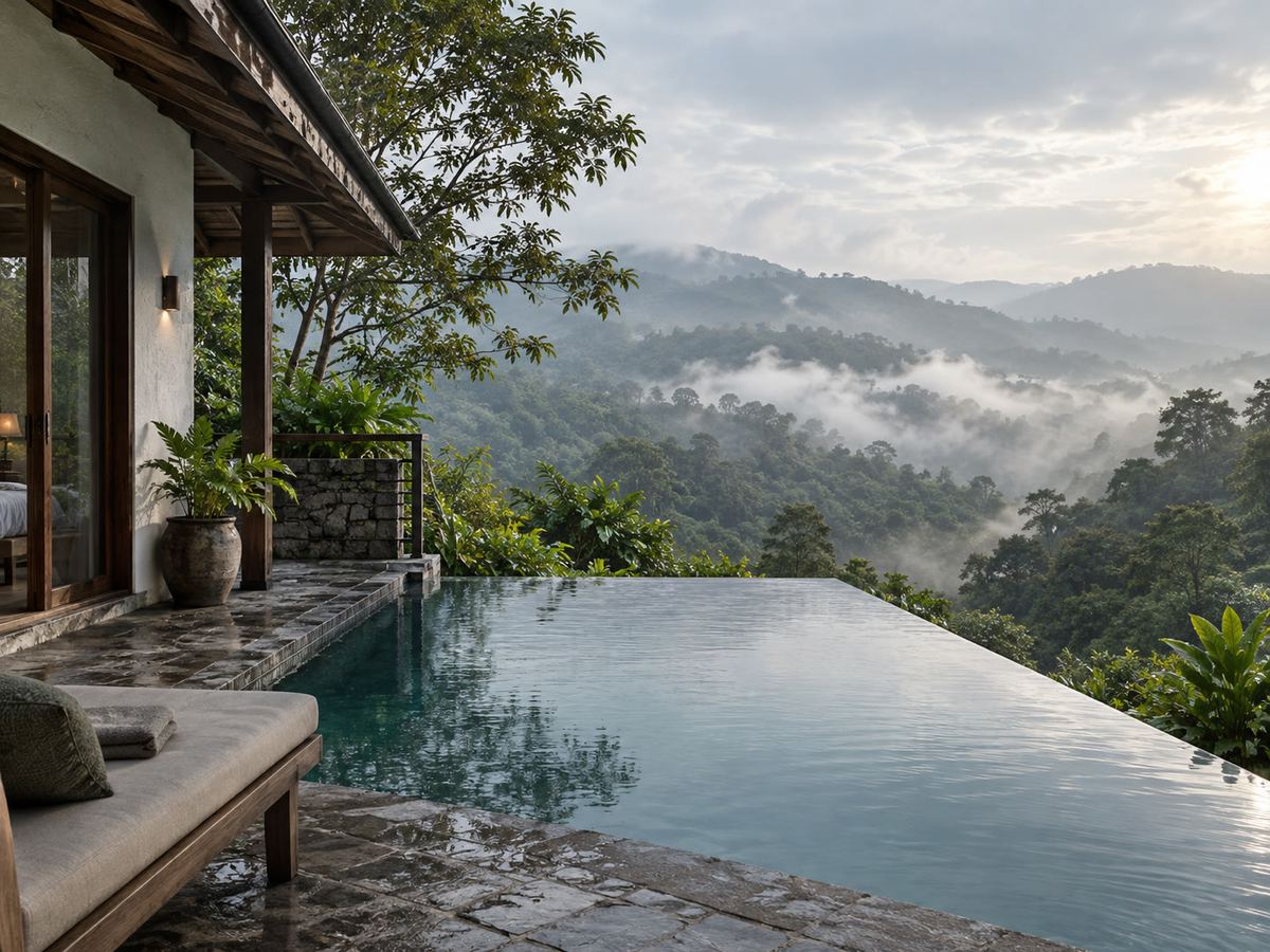 Villa terrace with a view of forested hills, still water in the pool
