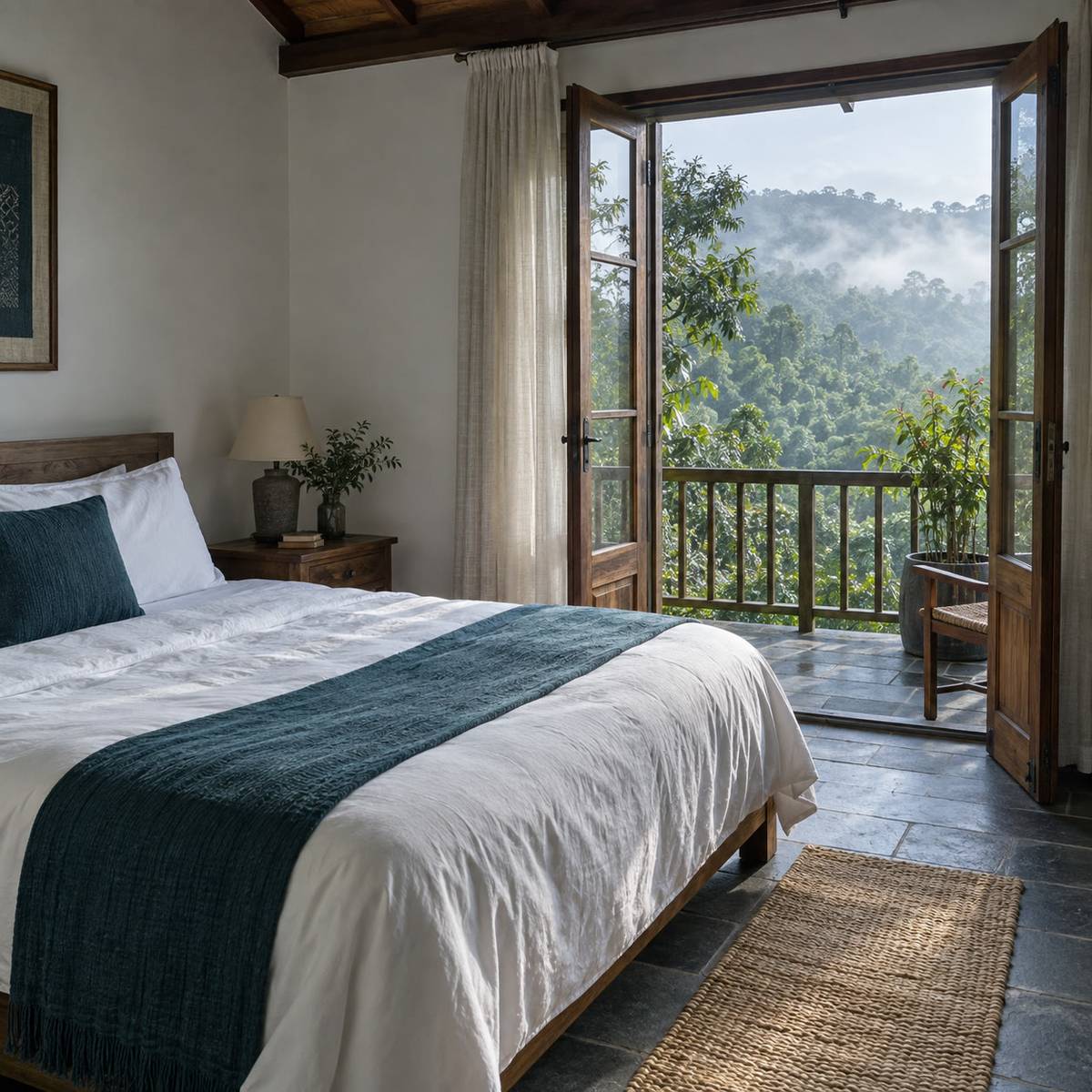 Bedroom with a balcony door open onto mountain greenery, white bedding