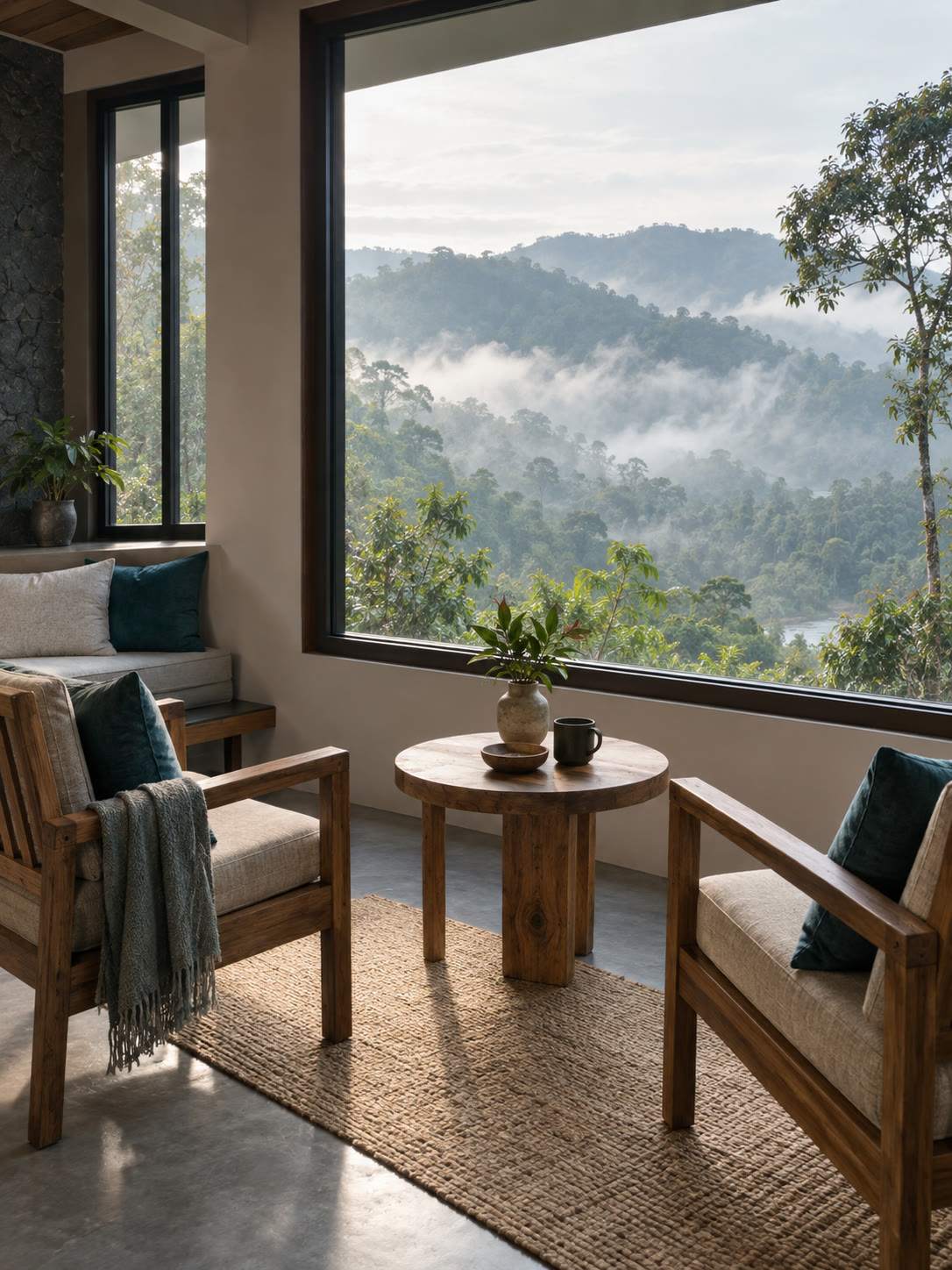 Family suite sitting corner with a view window, simple timber furniture