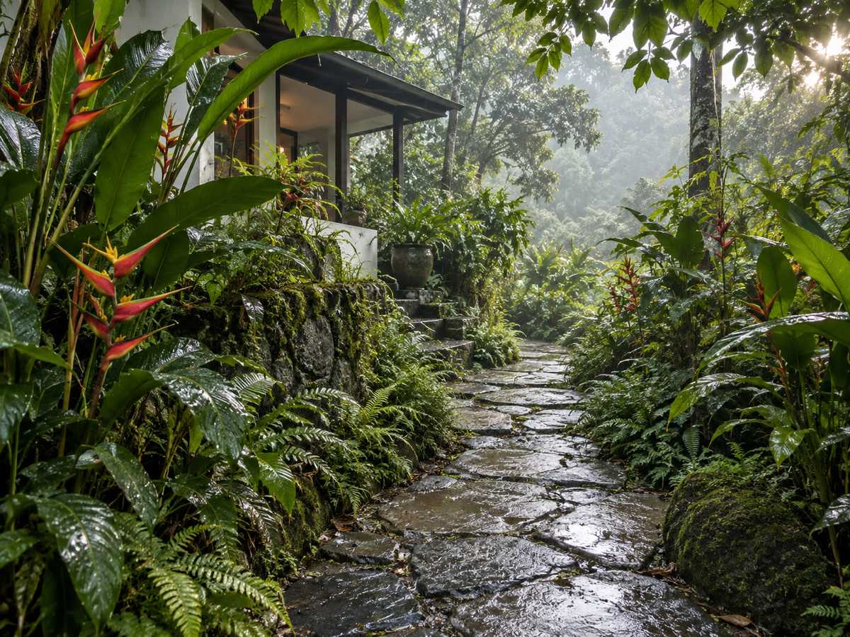 Garden path of wet stone through heliconia and ferns, no people