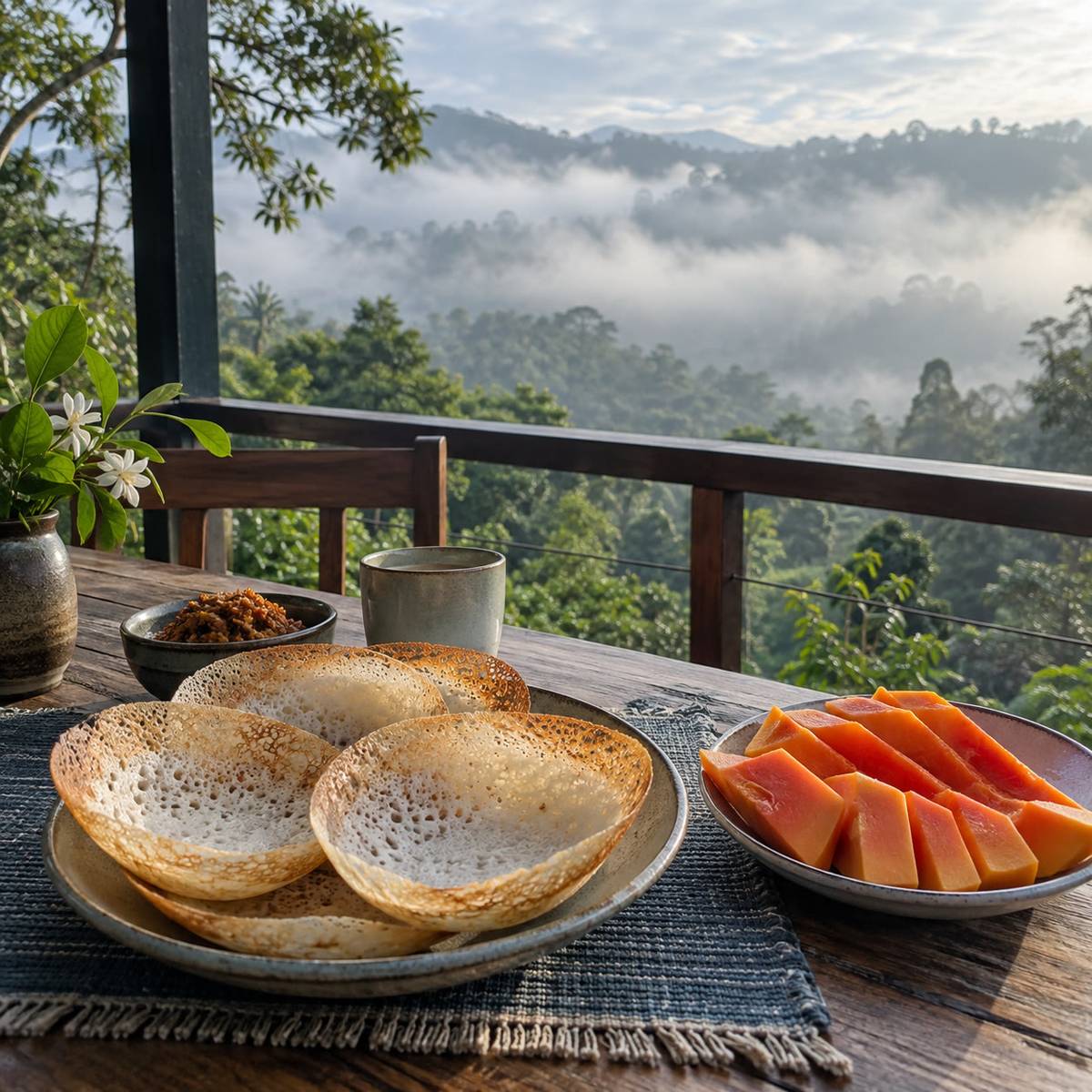Breakfast of hoppers and fruit on a terrace table above the trees
