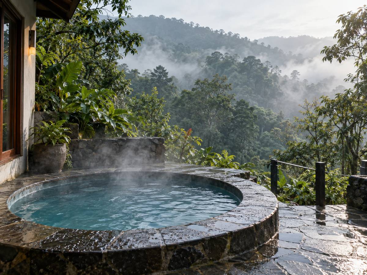 Hot tub on a stone deck, steam in cool morning air