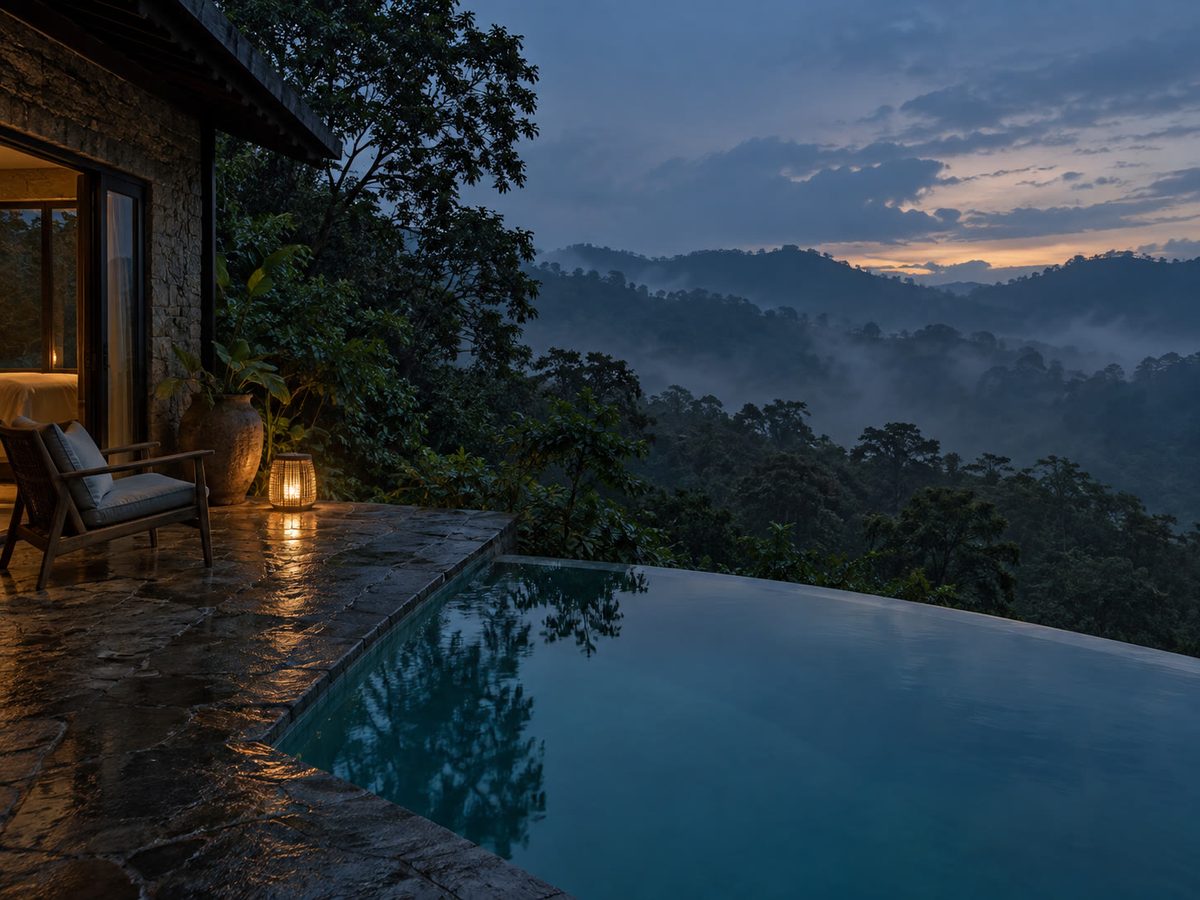 Dusk over the pool, forest silhouette, one lamp on the terrace